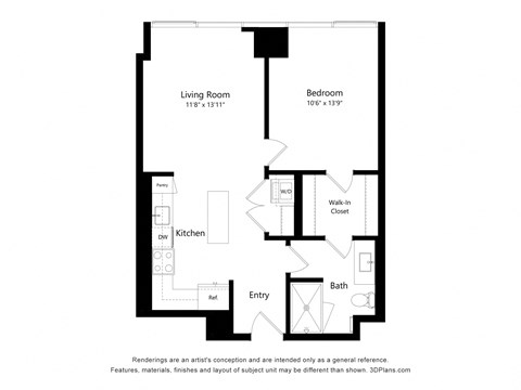 Floor plan for 1 bed, 1 bath, 709 sqft